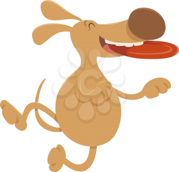 Cartoon Illustration of Dog Animal Character with Frisbee