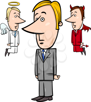Concept Cartoon Illustration of Businessman with Angel and Devil Whispering in his Ear