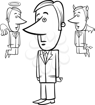 Black and White Concept Cartoon Illustration of Businessman with Angel and Devil Whispering in his Ear