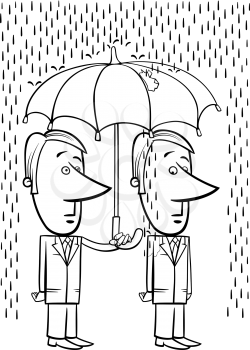 Black and White Concept Cartoon Illustration of Two Businessmen under the Leaky Umbrella