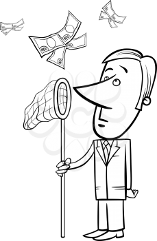 Black and White Concept Cartoon Illustration of Businessman Catching Money with Insect Net