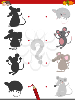 Cartoon Illustration of Find the Shadow Educational Activity Game for Children with Mouse Animal Characters