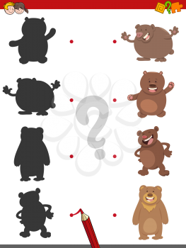 Cartoon Illustration of Find the Shadow Educational Activity Game for Children with Bear Animal Characters