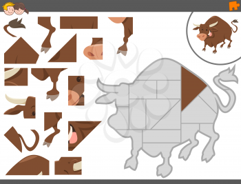 Cartoon Illustration of Educational Jigsaw Puzzle Game for Children with Bull Farm Animal Character