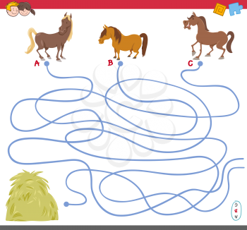 Cartoon Illustration of Paths or Maze Puzzle Activity Game with Horse Animal Characters and Haystack