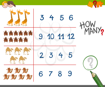 Cartoon Illustration of Educational Counting Activity Game for Children with Cute Animals