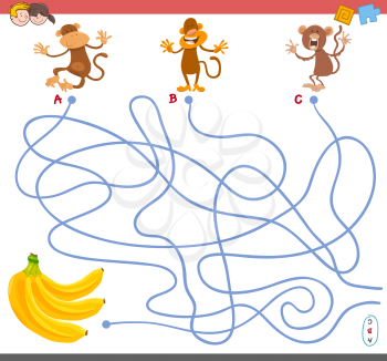 Cartoon Illustration of Paths or Maze Puzzle Activity Game with Monkey Animal Characters and Bananas