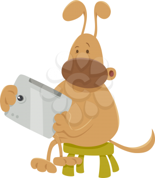 Cartoon Illustration of Funny Dog Animal Character with Tablet
