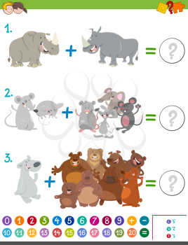Cartoon Illustration of Educational Mathematical Addition Game for Kids with Cute Animal Characters