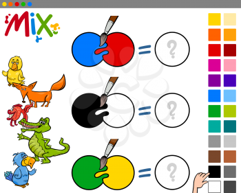 Cartoon Illustration of Mixing Colors Educational Game for Children