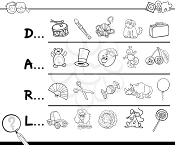 Cartoon Illustration of Finding Picture which Start with Referred Letter Educational Activity for Children Coloring Page