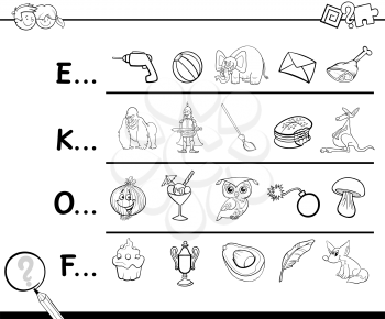 Cartoon Illustration of Finding Picture which Name Starts with Referred Letter Educational Activity for Kids for Coloring