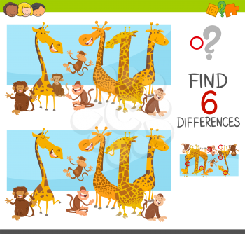 Cartoon Illustration of Spot the Differences Educational Game for Children with Giraffes and Monkeys Animal Characters