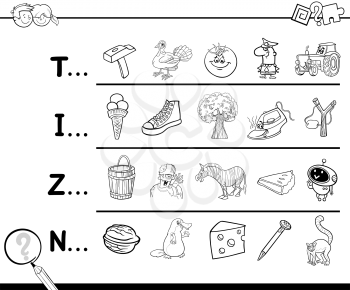 Cartoon Illustration of Finding Picture Starting with Referred Letter Educational Game for Children for Coloring