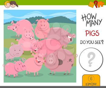 Cartoon Illustration of Educational Counting Activity for Kids with Funny Pigs Farm Animal Characters