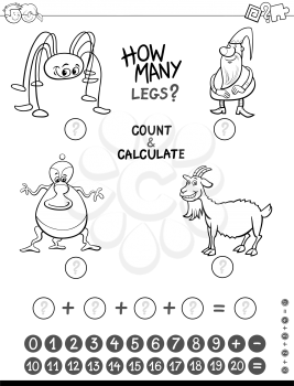 Black and White Cartoon Illustration of Educational Mathematical Counting and Addition Game for Children with Funny Characters Coloring Page