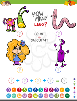 Cartoon Illustration of Educational Mathematical Counting and Addition Activity for Children with Funny Characters