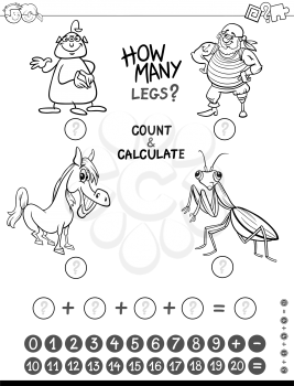 Black and White Cartoon Illustration of Educational Mathematical Counting and Addition Game for Kids with Funny Characters Coloring Page