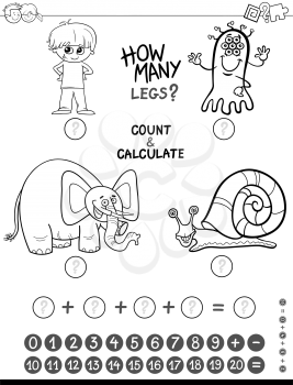 Black and White Cartoon Illustration of Educational Mathematical Counting and Addition Activity for Kids with Funny Characters Coloring Page