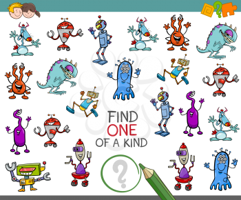 Cartoon Illustration of Find One of a Kind Educational Activity Game for Children with Fantasy Characters