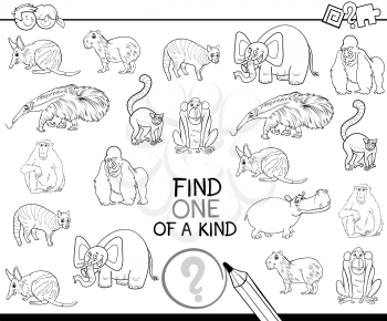 Black and White Cartoon Illustration of Find One of a Kind Educational Activity Game for Children with Wild Animal Characters Coloring Page