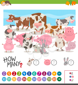 Cartoon Illustration of Educational Mathematical Activity of Counting Farm Animal Characters