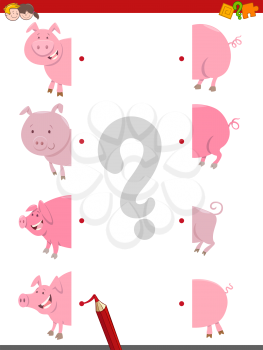 Cartoon Illustration of Educational Matching Halves Activity with Pigs Farm Animal Characters