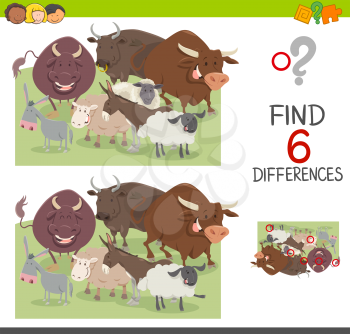 Cartoon Illustration of Spot the Differences Educational Game for Children with Bulls and Sheep and Donkeys Farm Animal Characters