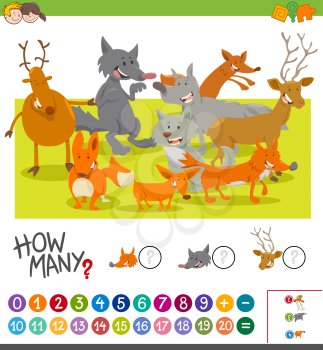 Cartoon Illustration of Educational Mathematical Game of Counting Animal Characters for Preschool Children