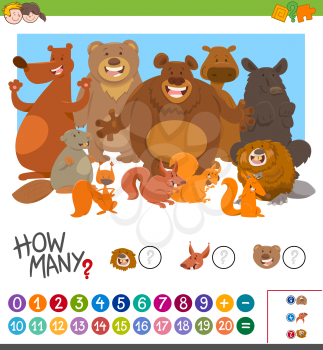 Cartoon Illustration of Educational Mathematical Game of Counting Animal Characters for Preschool Kids