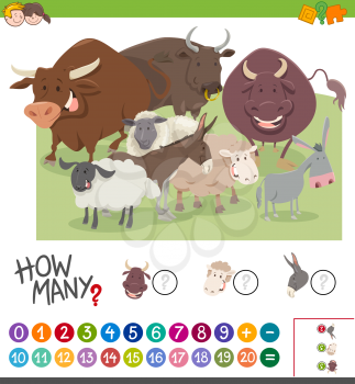 Cartoon Illustration of Educational Mathematical Activity Game of Counting Farm Animal Characters for Kids