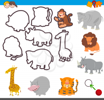 Cartoon Illustration of Educational Game of Matching Shapes for Children with Animal Characters