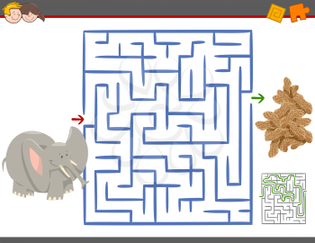 Cartoon Illustration of Education Maze or Labyrinth Leisure Game with Elephant and Peanuts