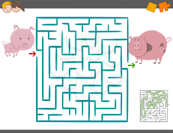 Cartoon Illustration of Education Maze or Labyrinth Leisure Game with Piglet and Pig
