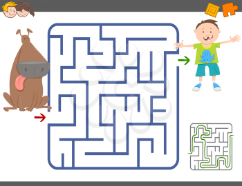 Cartoon Illustration of Education Maze or Labyrinth Leisure Game with Boy and Dog