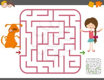 Cartoon Illustration of Education Maze or Labyrinth Leisure Game with Girl and Dog