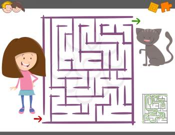 Cartoon Illustration of Education Maze or Labyrinth Leisure Game with Girl and her Cat