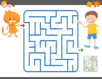 Cartoon Illustration of Education Maze or Labyrinth Leisure Game with Boy and his Cat