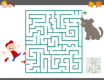 Cartoon Illustration of Education Maze or Labyrinth Leisure Activity with Boy and his Dog