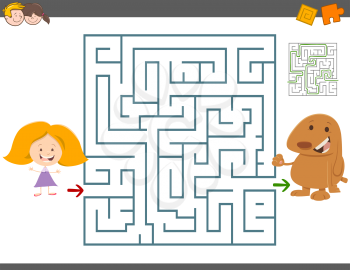 Cartoon Illustration of Education Maze or Labyrinth Leisure Activity with Girl and her Dog