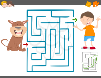 Cartoon Illustration of Education Maze or Labyrinth Leisure Activity with Kid Boy and his Dog