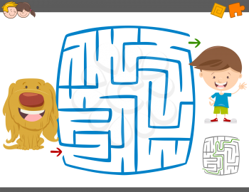 Cartoon Illustration of Education Maze or Labyrinth Leisure Activity with Kid Boy and his Puppy
