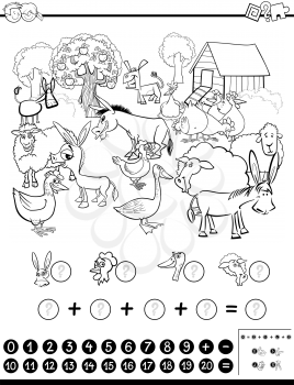 Black and White Cartoon Illustration of Educational Mathematical Activity Game for Children with Farm Animal Characters Coloring Page