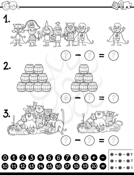 Black and White Cartoon Illustration of Educational Mathematical Activity for Kids with Characters and Objects Coloring Page