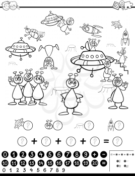 Black and White Cartoon Illustration of Educational Mathematical Activity Game for Children with Alien  Characters Coloring Page