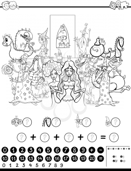 Black and White Cartoon Illustration of Educational Mathematical Activity Game for Children with Fantasy  Characters Coloring Page