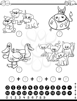 Black and White Cartoon Illustration of Educational Mathematical Activity Game for Children with Animal  Characters Coloring Page