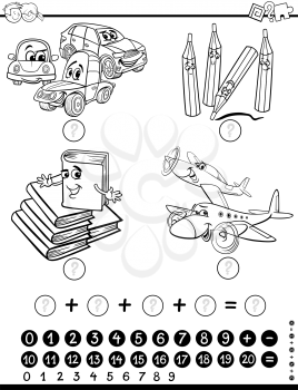 Black and White Cartoon Illustration of Educational Mathematical Activity Game for Children with Object and Vehicle Characters Coloring Page