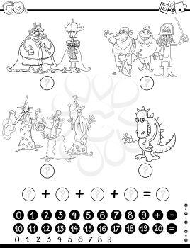 Black and White Cartoon Illustration of Educational Mathematical Activity Game for Children with Fairy Tale Characters Coloring Page