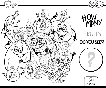 Black and White Cartoon Illustration of Educational Counting Activity for Children with Fruit Characters Group Coloring Page